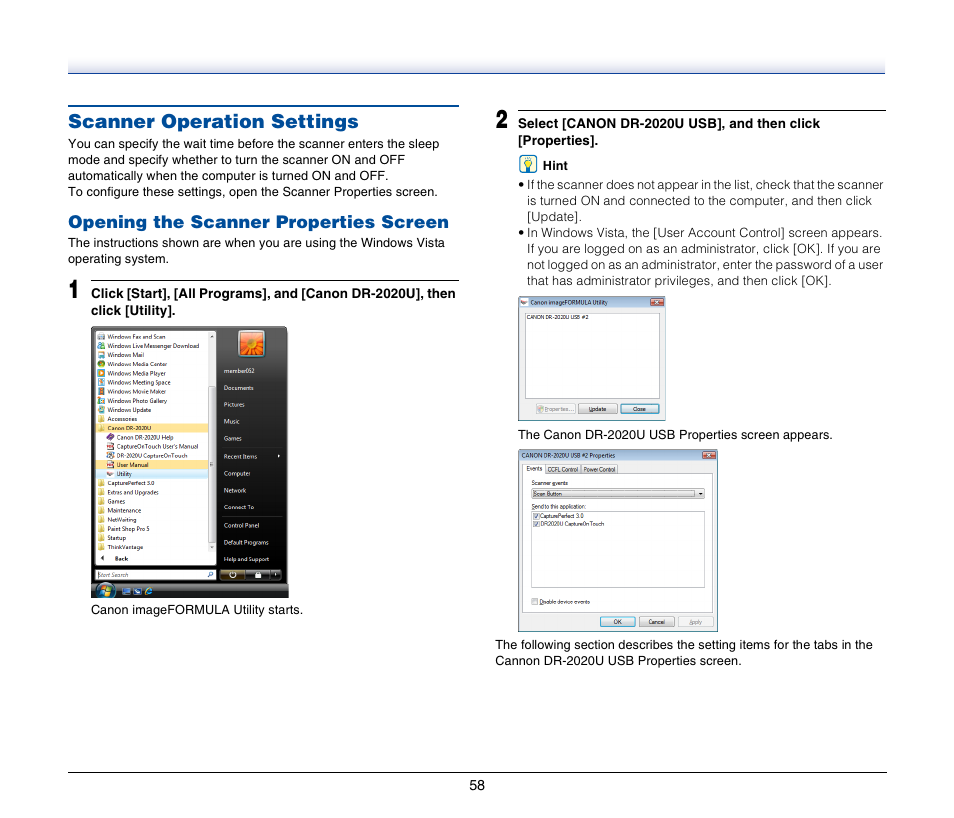 Scanner operation settings, Opening the scanner properties screen | Canon IMAGEFORMULA DR-2020U User Manual | Page 58 / 77