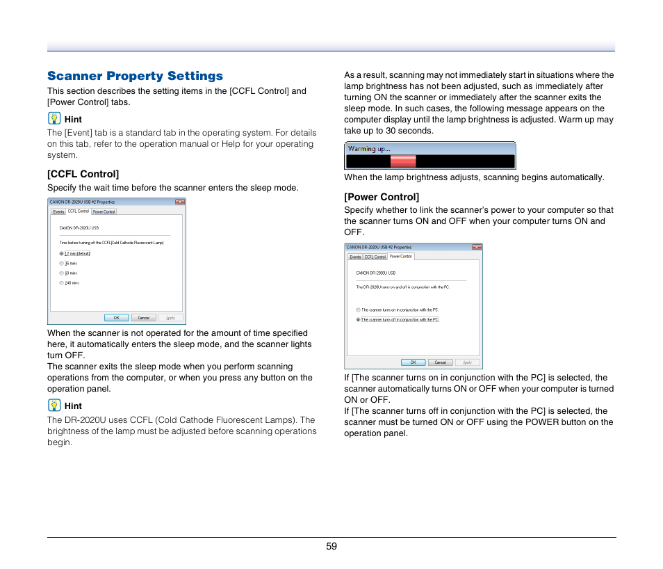 Scanner property settings | Canon IMAGEFORMULA DR-2020U User Manual | Page 59 / 77