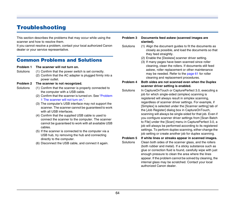 Troubleshooting, Common problems and solutions | Canon IMAGEFORMULA DR-2020U User Manual | Page 64 / 77
