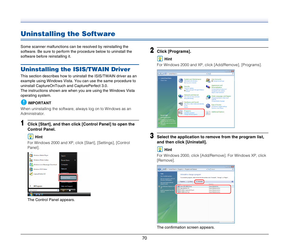 Uninstalling the software, Uninstalling the isis/twain driver | Canon IMAGEFORMULA DR-2020U User Manual | Page 70 / 77