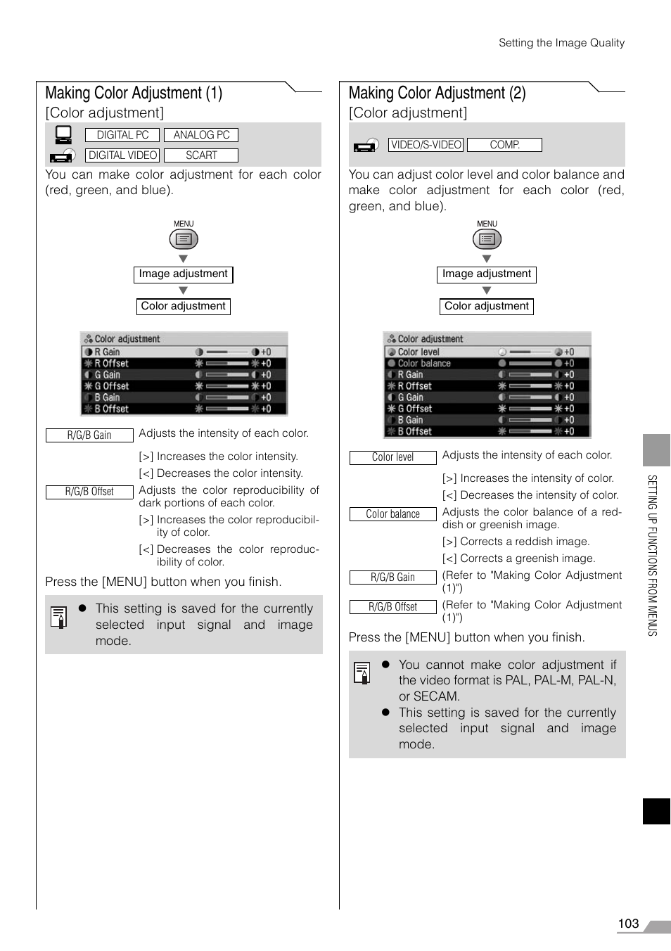 Making color adjustment (1), Making color adjustment (2), Color adjustment | Canon REALiS X700 User Manual | Page 103 / 141