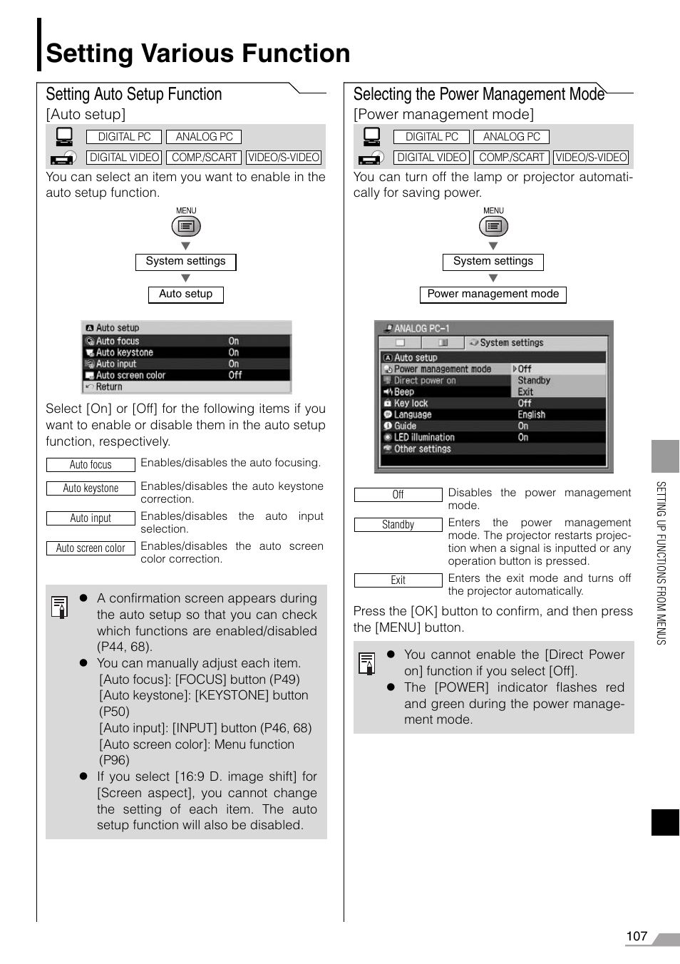 Setting various function, Setting auto setup function, Selecting the power management mode | Canon REALiS X700 User Manual | Page 107 / 141