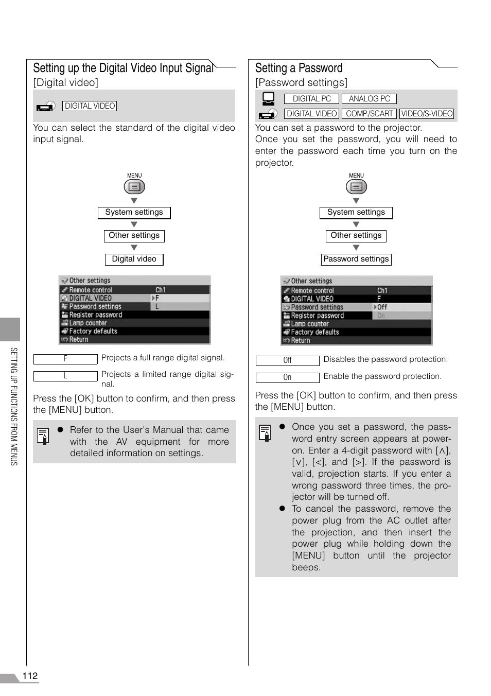 Setting up the digital video input signal, Setting a password, Digital video | Password settings | Canon REALiS X700 User Manual | Page 112 / 141