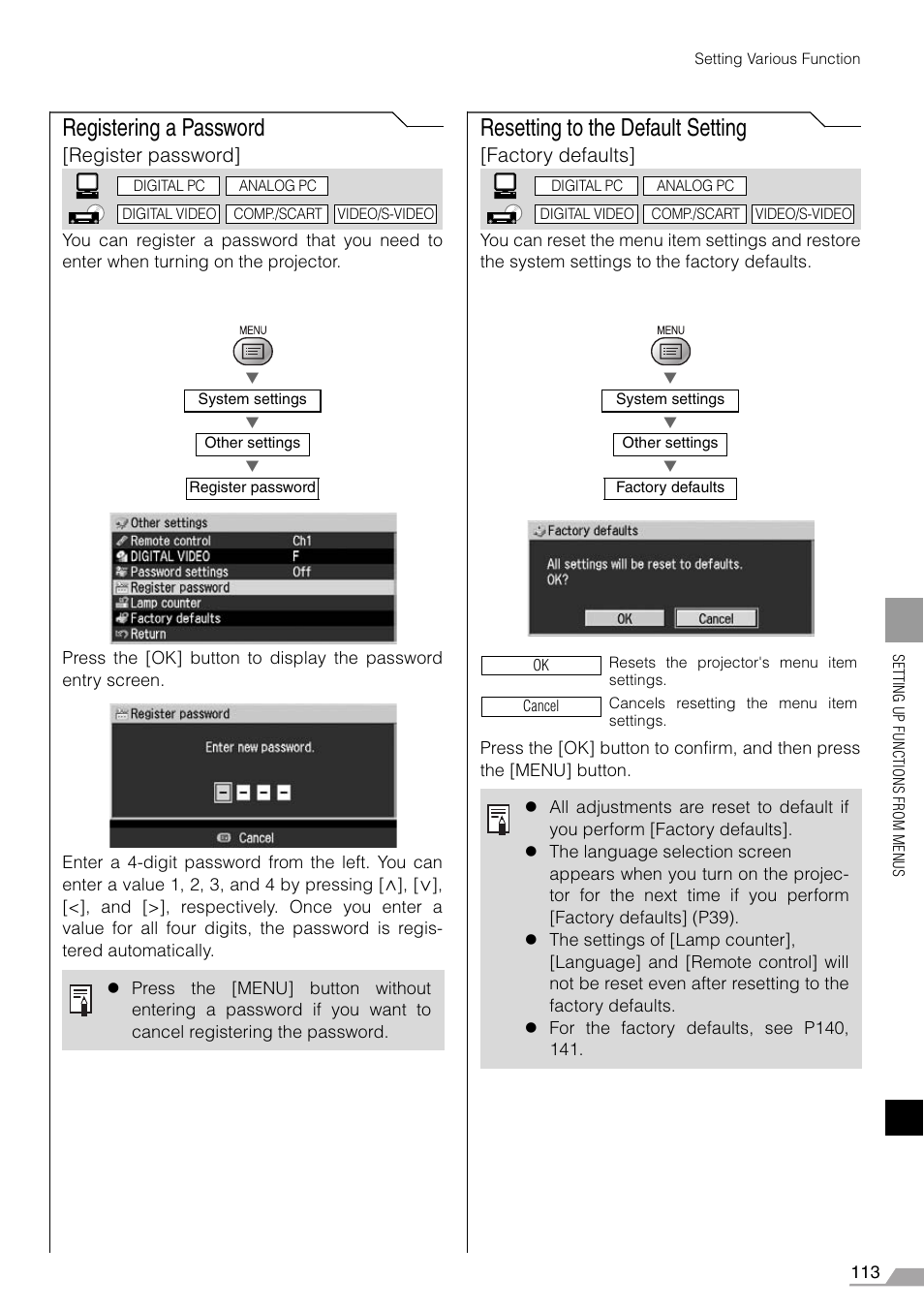 Registering a password, Resetting to the default setting, Register password | Factory defaults | Canon REALiS X700 User Manual | Page 113 / 141