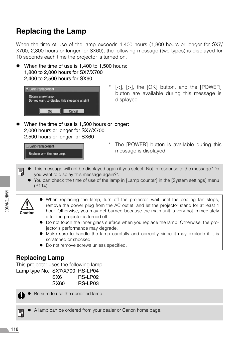 Replacing the lamp, Replacing lamp | Canon REALiS X700 User Manual | Page 118 / 141