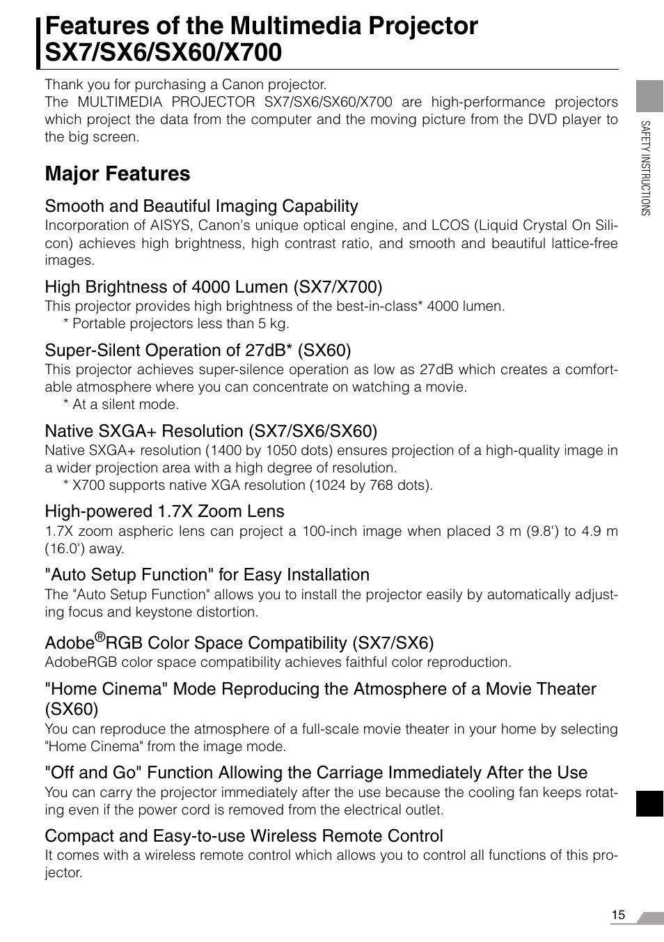 Major features | Canon REALiS X700 User Manual | Page 15 / 141