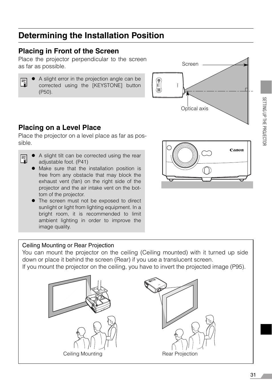 Determining the installation position, Placing in front of the screen, Placing on a level place | Canon REALiS X700 User Manual | Page 31 / 141