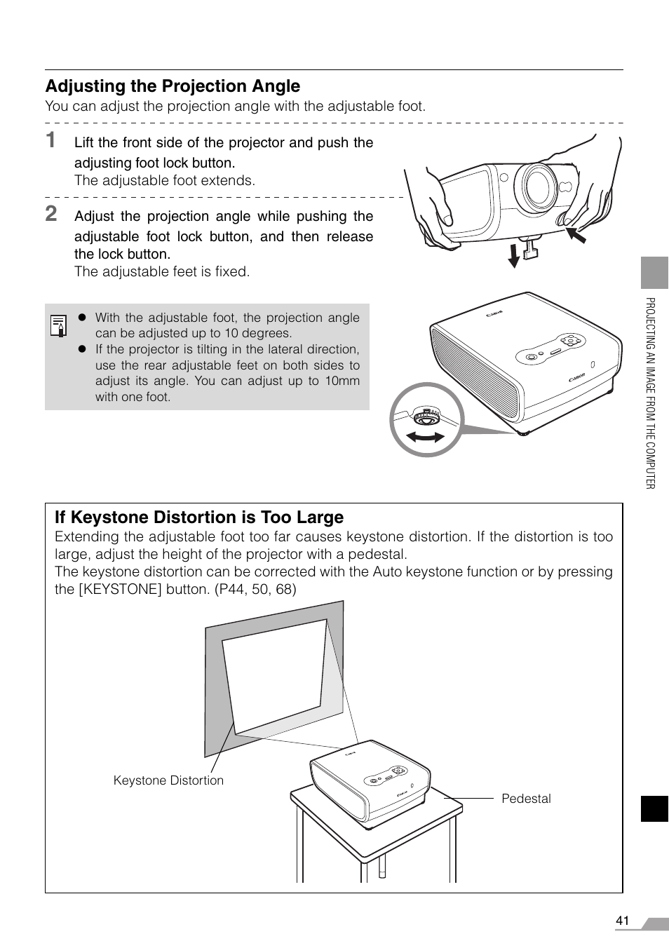 Adjusting the projection angle, If keystone distortion is too large | Canon REALiS X700 User Manual | Page 41 / 141
