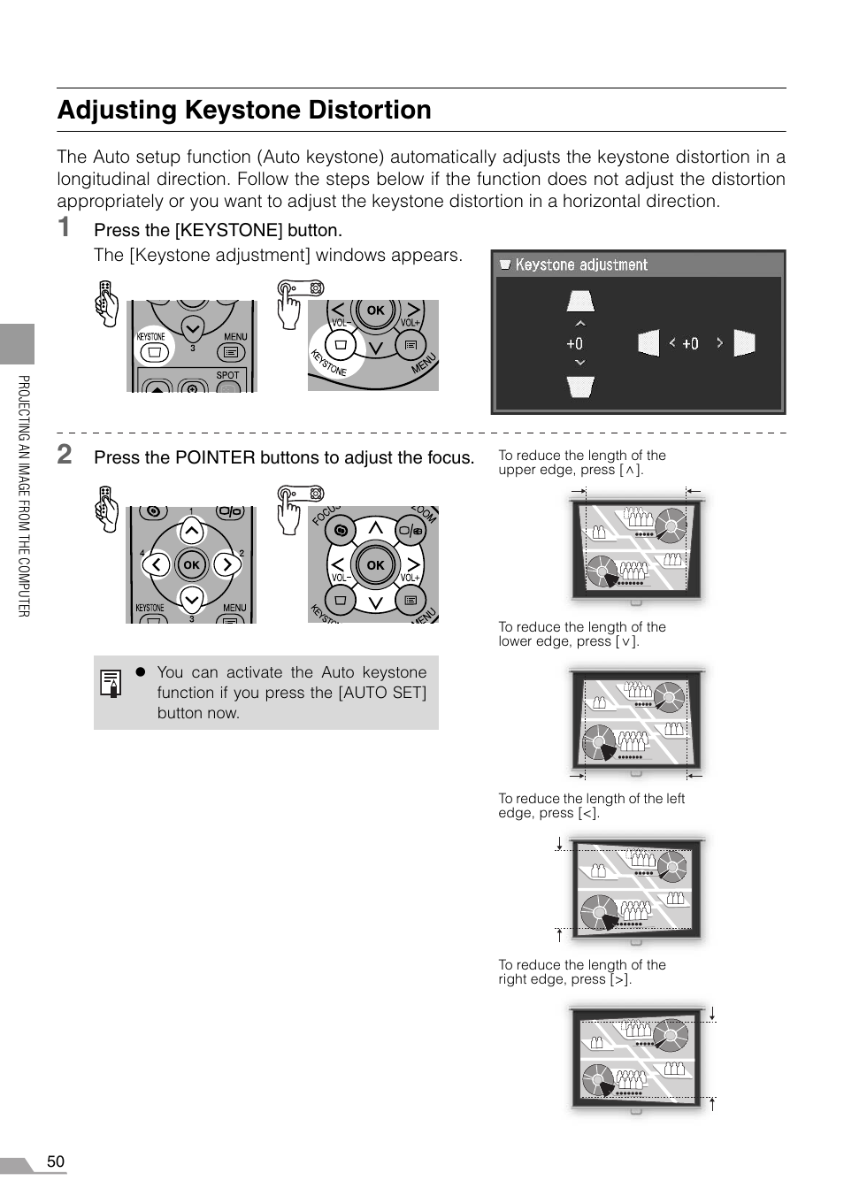 Adjusting keystone distortion | Canon REALiS X700 User Manual | Page 50 / 141