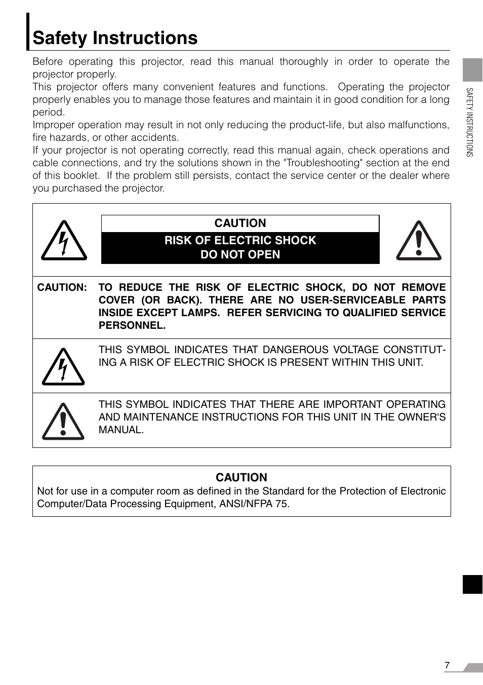 Safety instructions | Canon REALiS X700 User Manual | Page 7 / 141