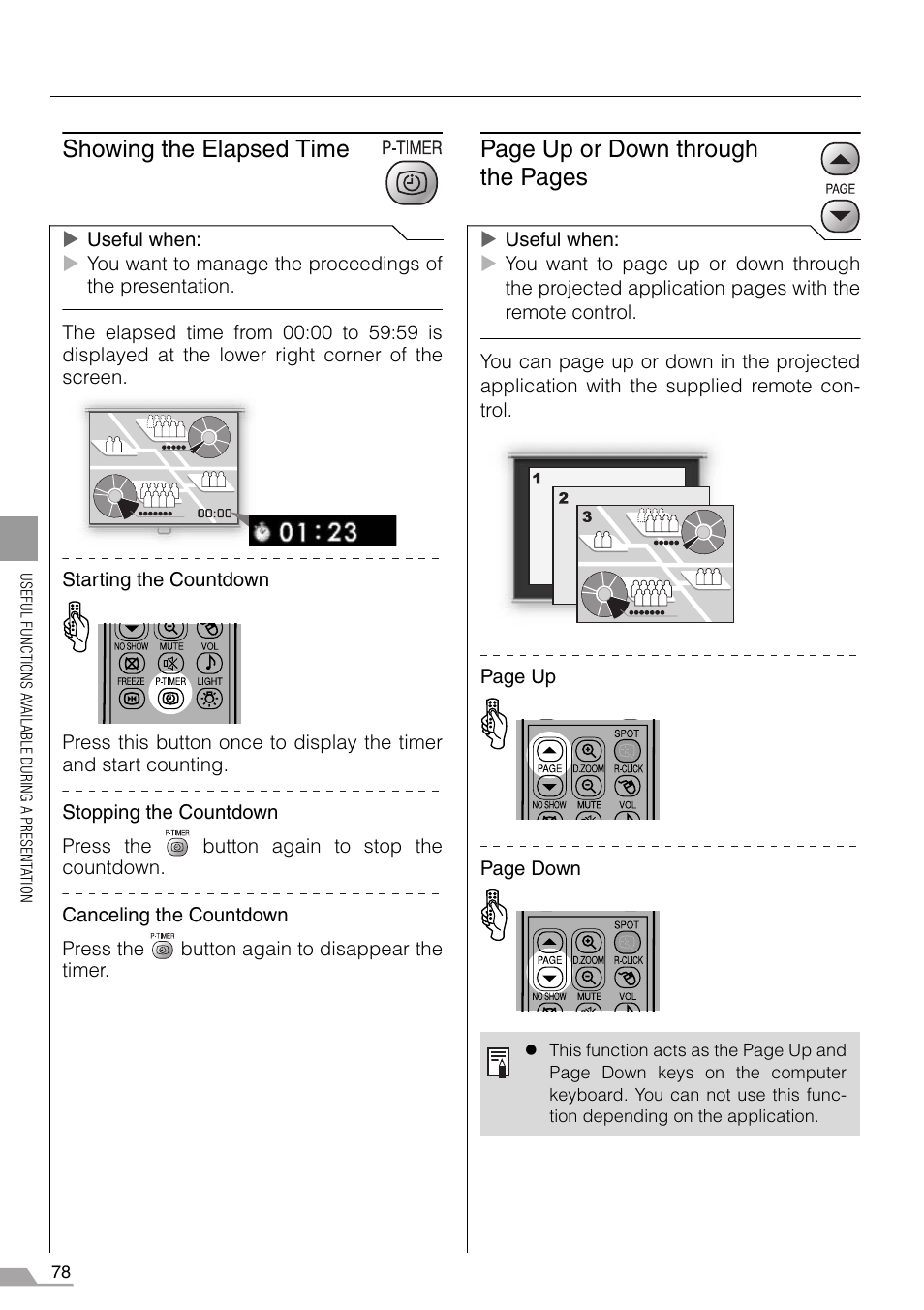 Showing the elapsed time, Page up or down through the pages | Canon REALiS X700 User Manual | Page 78 / 141