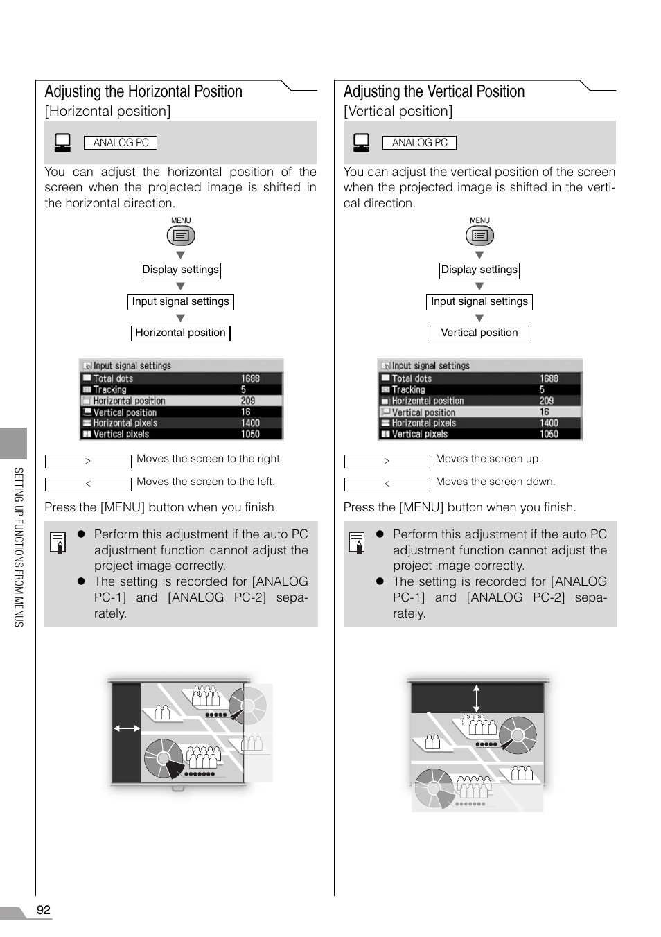 Adjusting the horizontal position, Adjusting the vertical position, Horizontal position | Vertical position | Canon REALiS X700 User Manual | Page 92 / 141