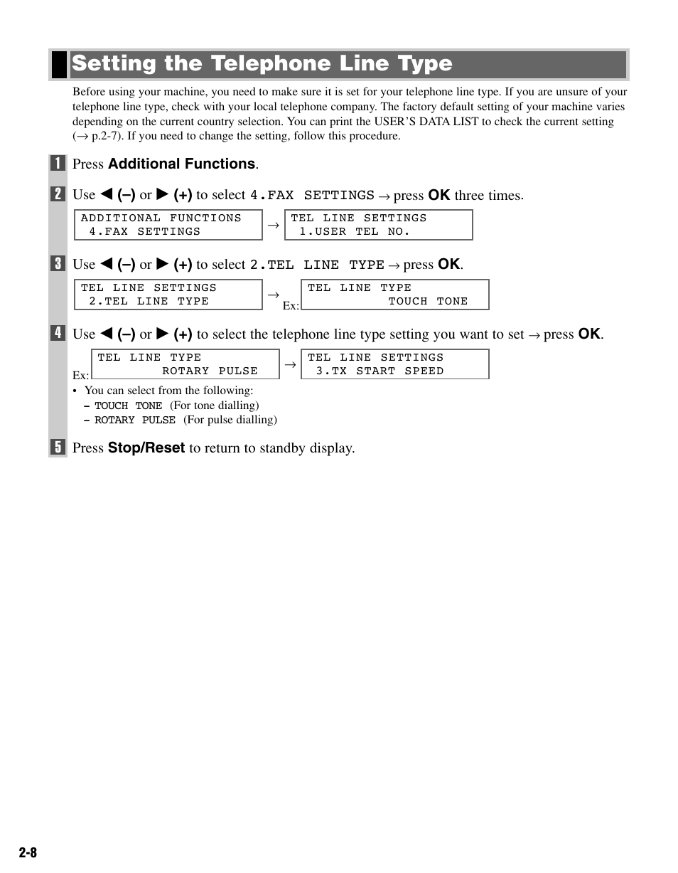 Setting the telephone line type | Canon FAX-L400 User Manual | Page 19 / 110