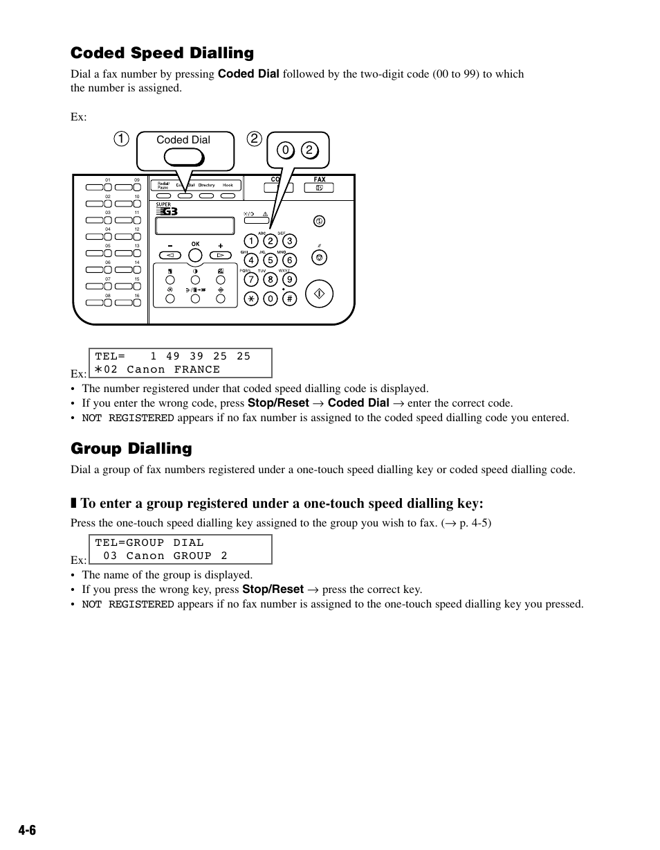 Coded speed dialling, Group dialling, 02 canon france | Canon FAX-L400 User Manual | Page 39 / 110