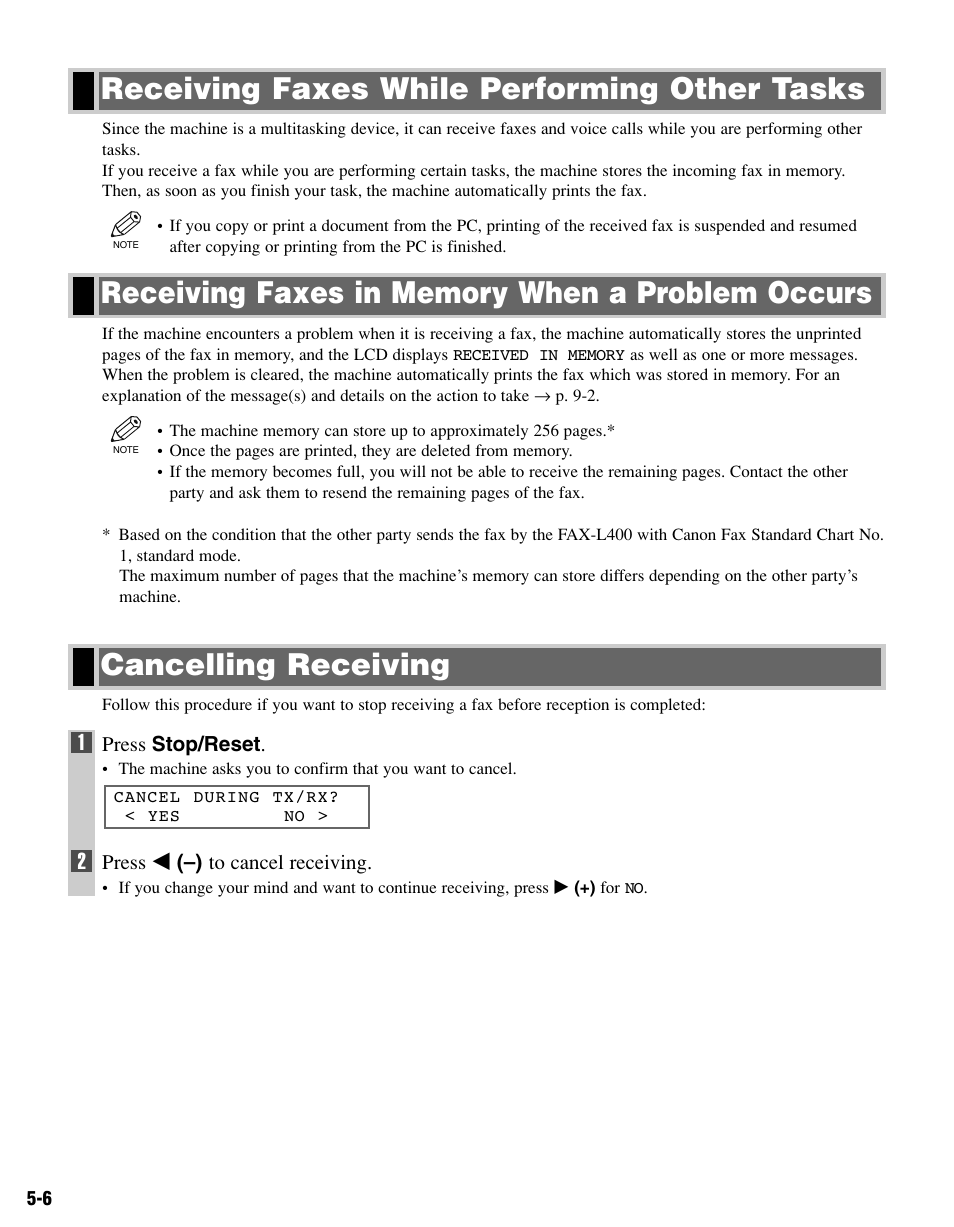 Receiving faxes while performing other tasks, Receiving faxes in memory when a problem occurs, Cancelling receiving | Canon FAX-L400 User Manual | Page 61 / 110