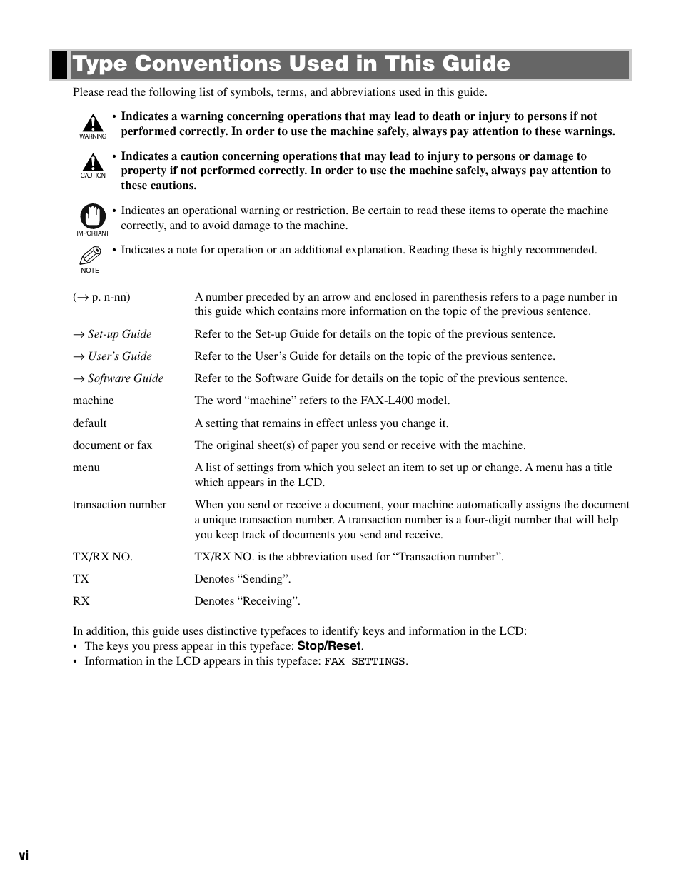 Type conventions used in this guide | Canon FAX-L400 User Manual | Page 7 / 110