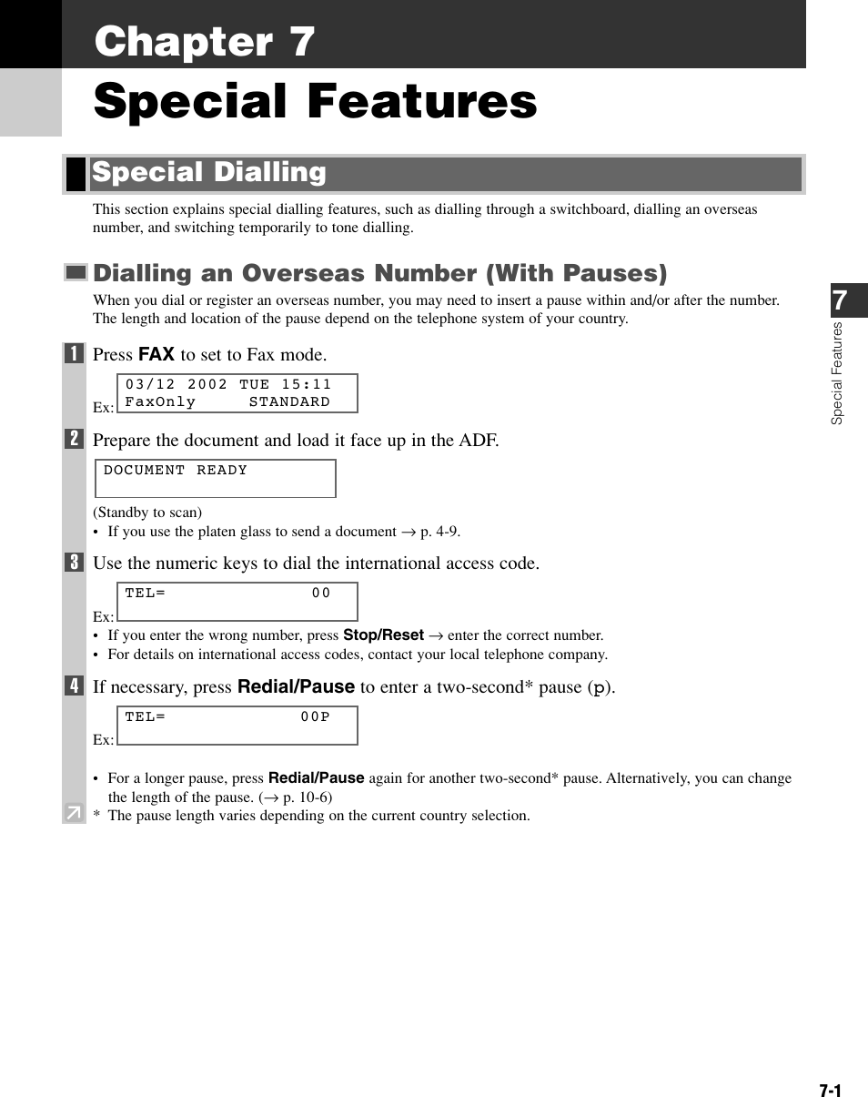 Chapter 7 special features, Special dialling, Special features | Chapter 7, Dialling an overseas number (with pauses) | Canon FAX-L400 User Manual | Page 70 / 110