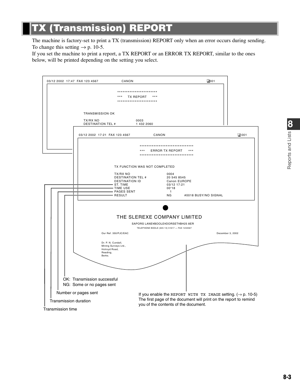 Tx (transmission) report, Tx (transmission) report 8, The slerexe company limited | Repor ts and lists | Canon FAX-L400 User Manual | Page 78 / 110