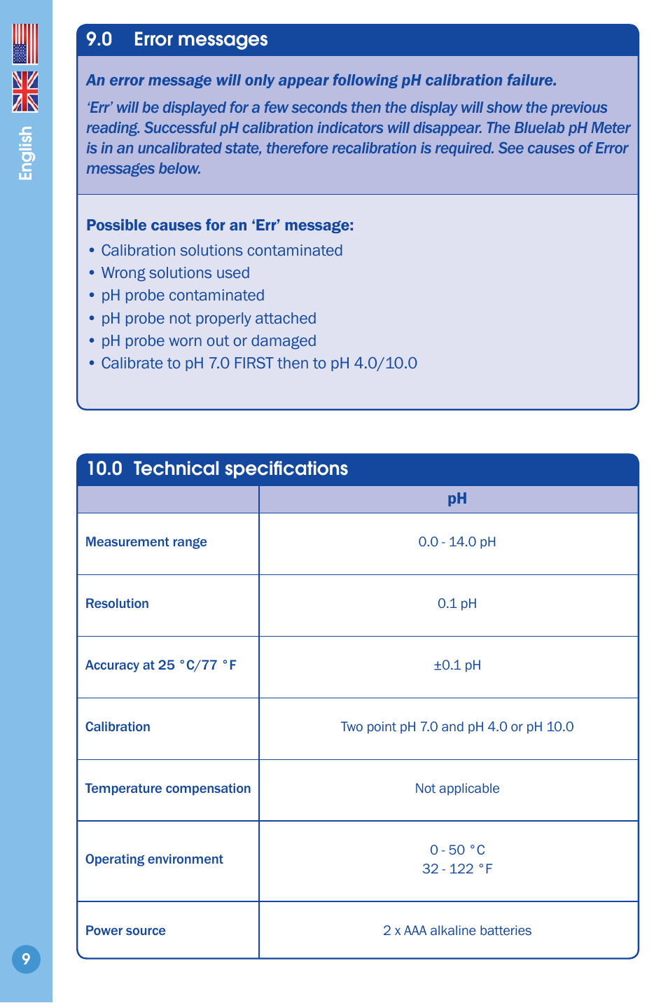 Error messages, Technical specifi cation, 0 error messages | 0 technical specifi cations | Bluelab pH Meter User Manual | Page 9 / 12