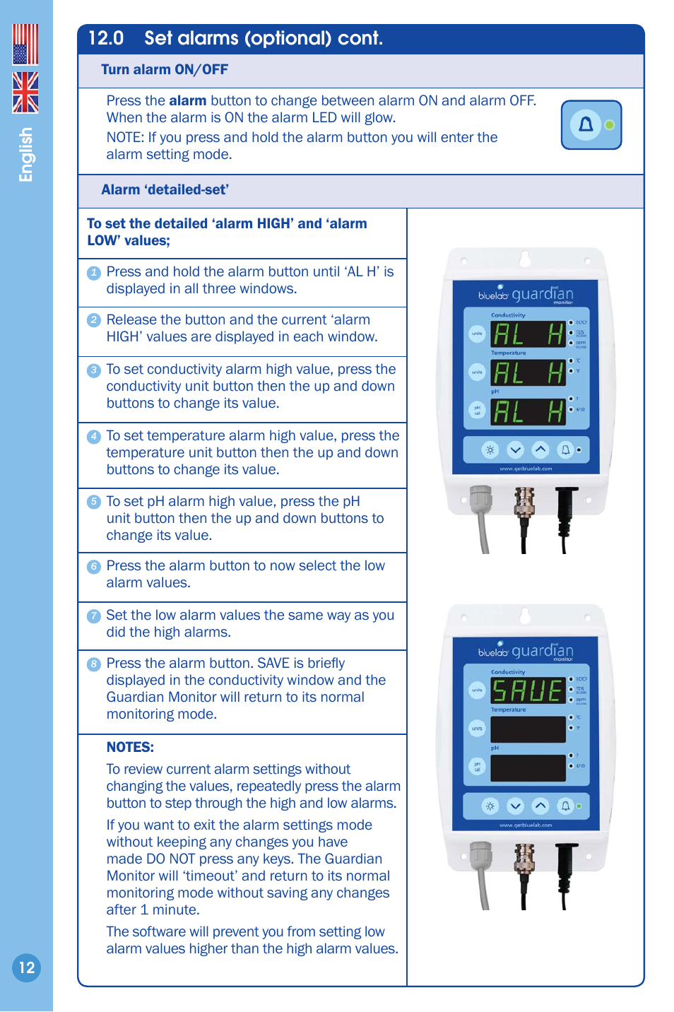 0 set alarms (optional) cont, English | Bluelab Guardian Monitor User Manual | Page 12 / 18