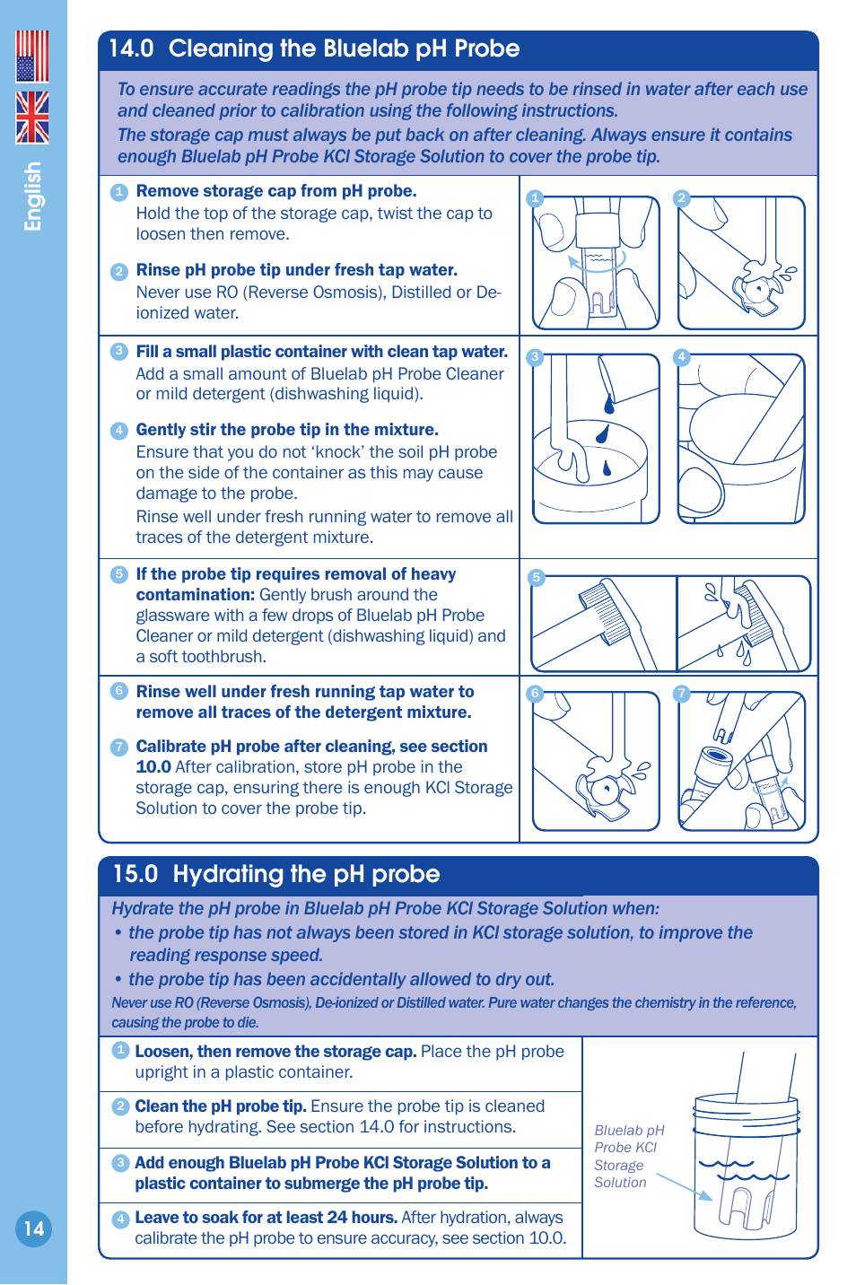 Cleaning the ph probe, Hydrating the ph probe, 0 cleaning the bluelab ph probe | 0 hydrating the ph probe, English | Bluelab Guardian Monitor User Manual | Page 14 / 18