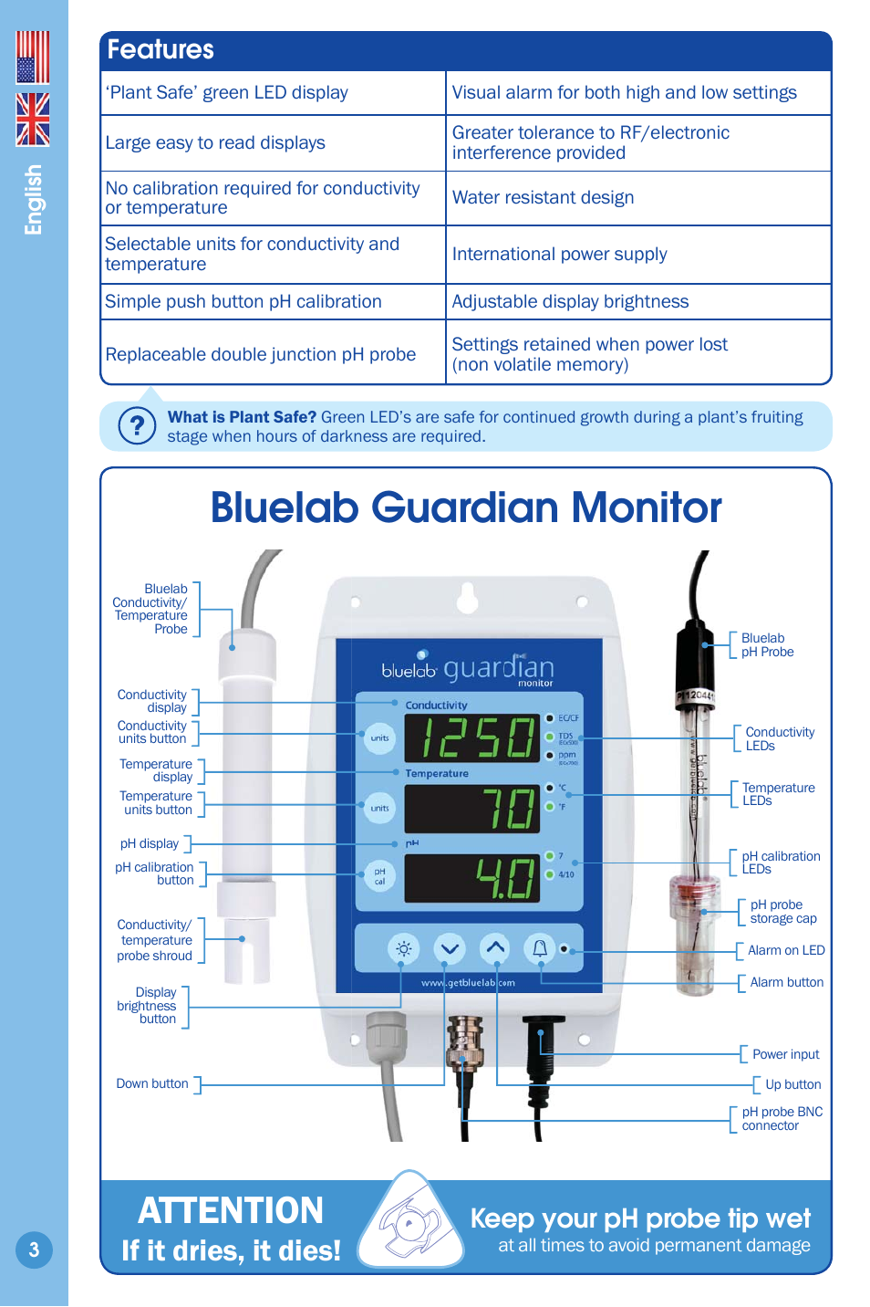 Features 3, Bluelab guardian monitor, Attention | If it dries, it dies, Features, Keep your ph probe tip wet, English | Bluelab Guardian Monitor User Manual | Page 3 / 18