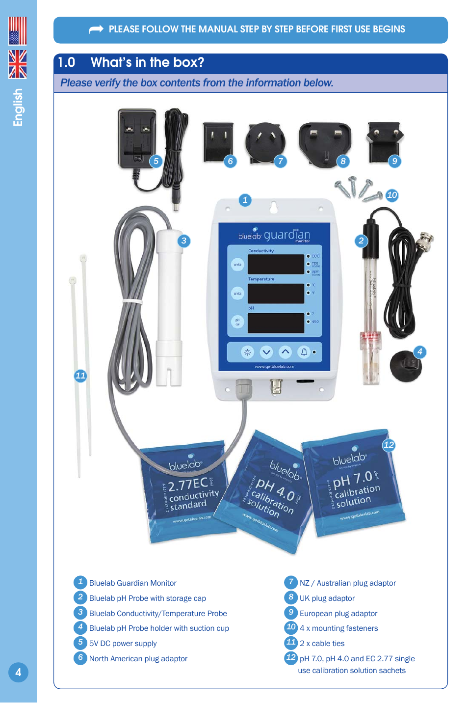 What’s in the box, 0 what’s in the box, English | Bluelab Guardian Monitor User Manual | Page 4 / 18