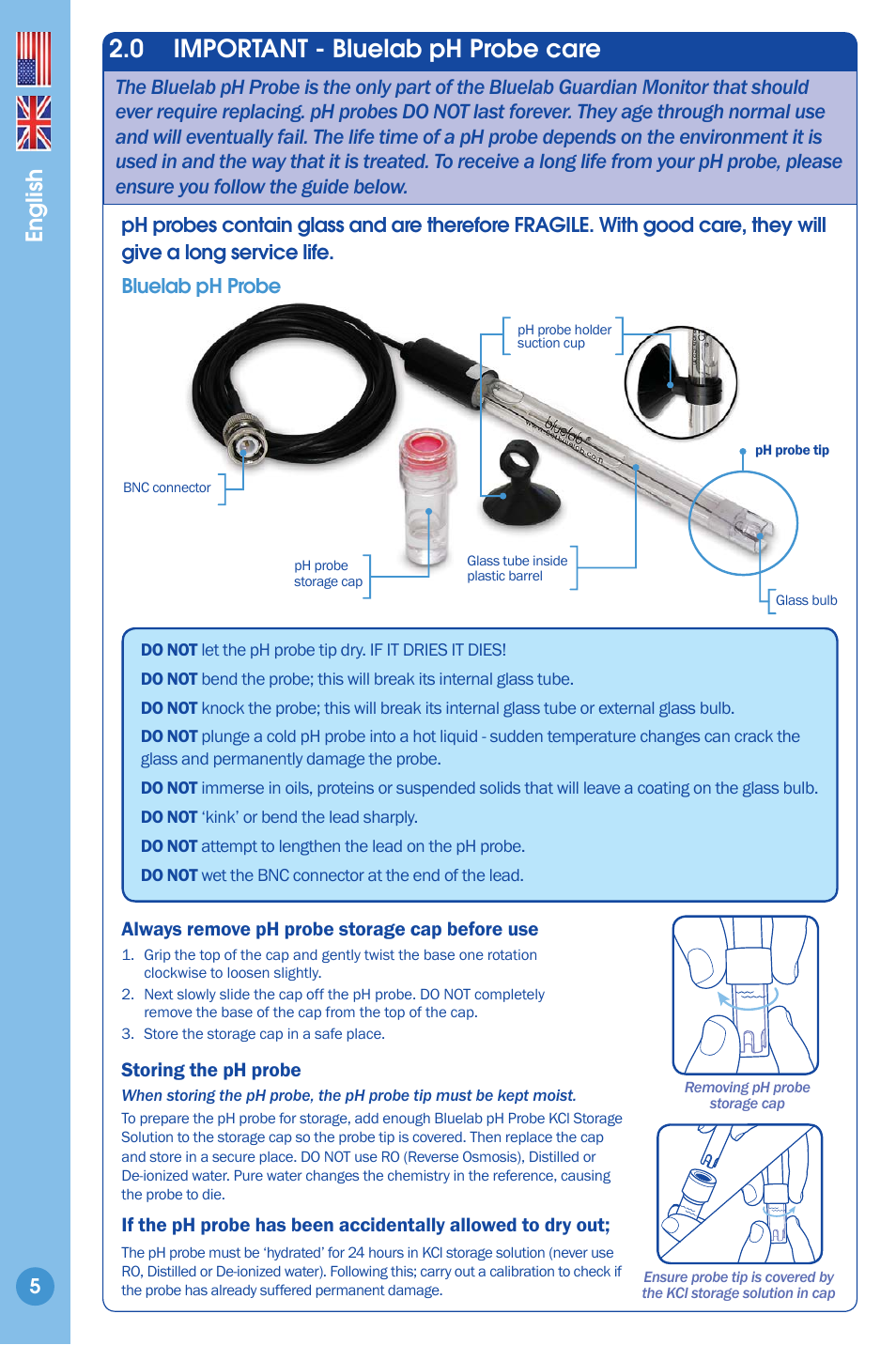 Important - bluelab ph probe care, 0 important - bluelab ph probe care, English | Bluelab Guardian Monitor User Manual | Page 5 / 18