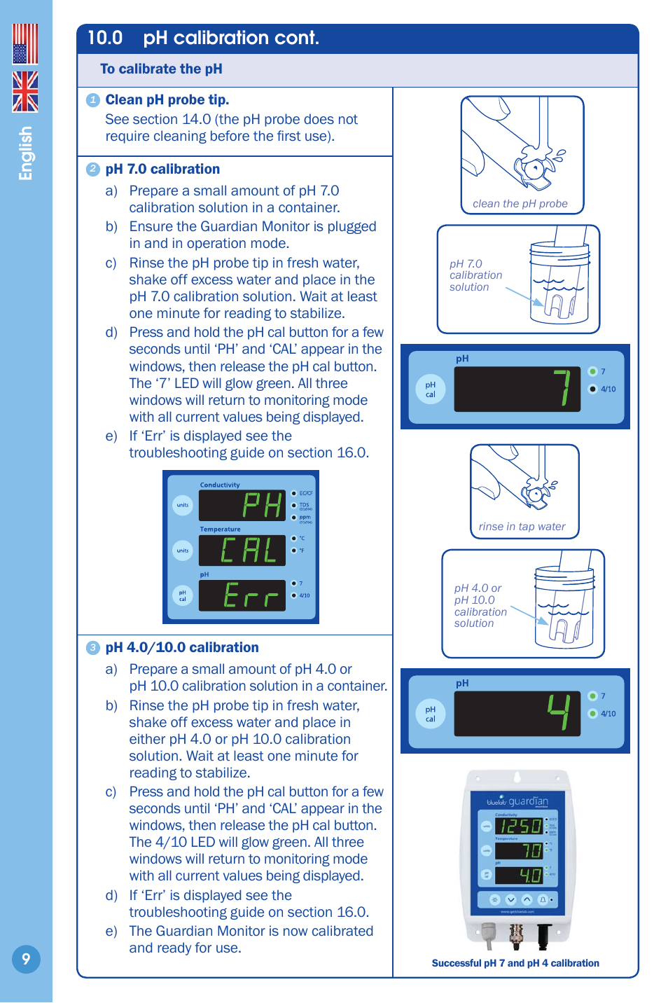 0 ph calibration cont, English | Bluelab Guardian Monitor User Manual | Page 9 / 18