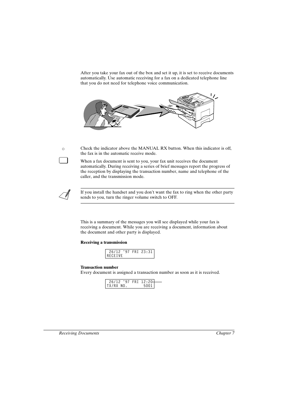 Receiving documents automatically, Setting the automatic receive mode, Messages displayed when receiving a document | Canon FAX-L800 User Manual | Page 132 / 370