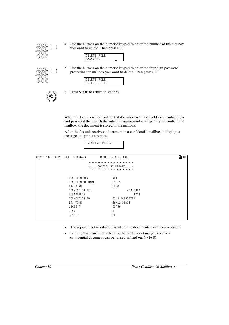 Receiving a confidential document, Canon fax-l800 user’s guide english, 7 chapter 10 using confidential mailboxes | Press stop to return to standby | Canon FAX-L800 User Manual | Page 193 / 370