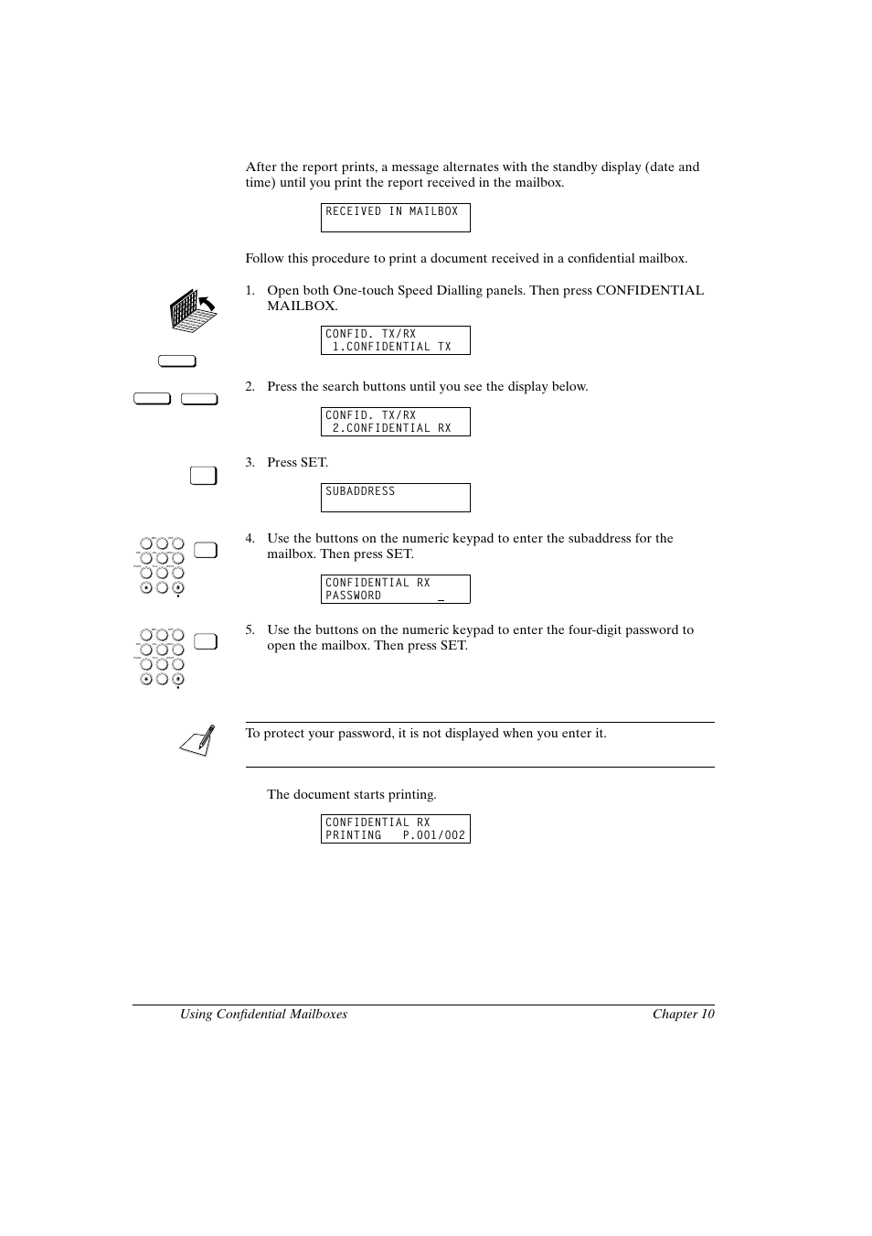 Canon fax-l800 user’s guide english, Press set, Received in mailbox | Confid. tx/rx 1.confidential tx, Confid. tx/rx 2.confidential rx, Subaddress, Confidential rx password | Canon FAX-L800 User Manual | Page 194 / 370