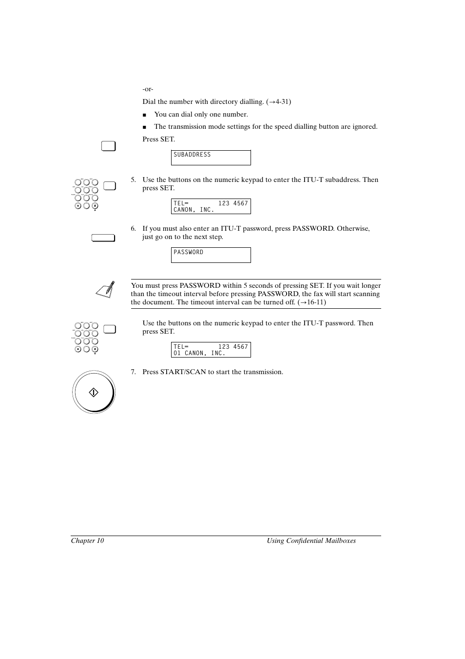 Canon fax-l800 user’s guide english, Press set, Press start/scan to start the transmission | Subaddress, Password | Canon FAX-L800 User Manual | Page 197 / 370