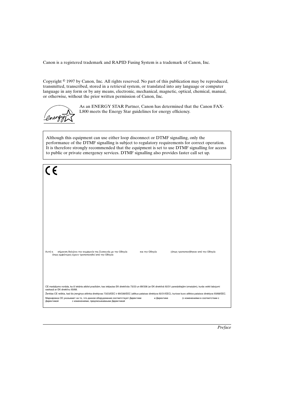 Trademarks, Copyright, Canon fax-l800 user’s guide english | Ii preface | Canon FAX-L800 User Manual | Page 2 / 370