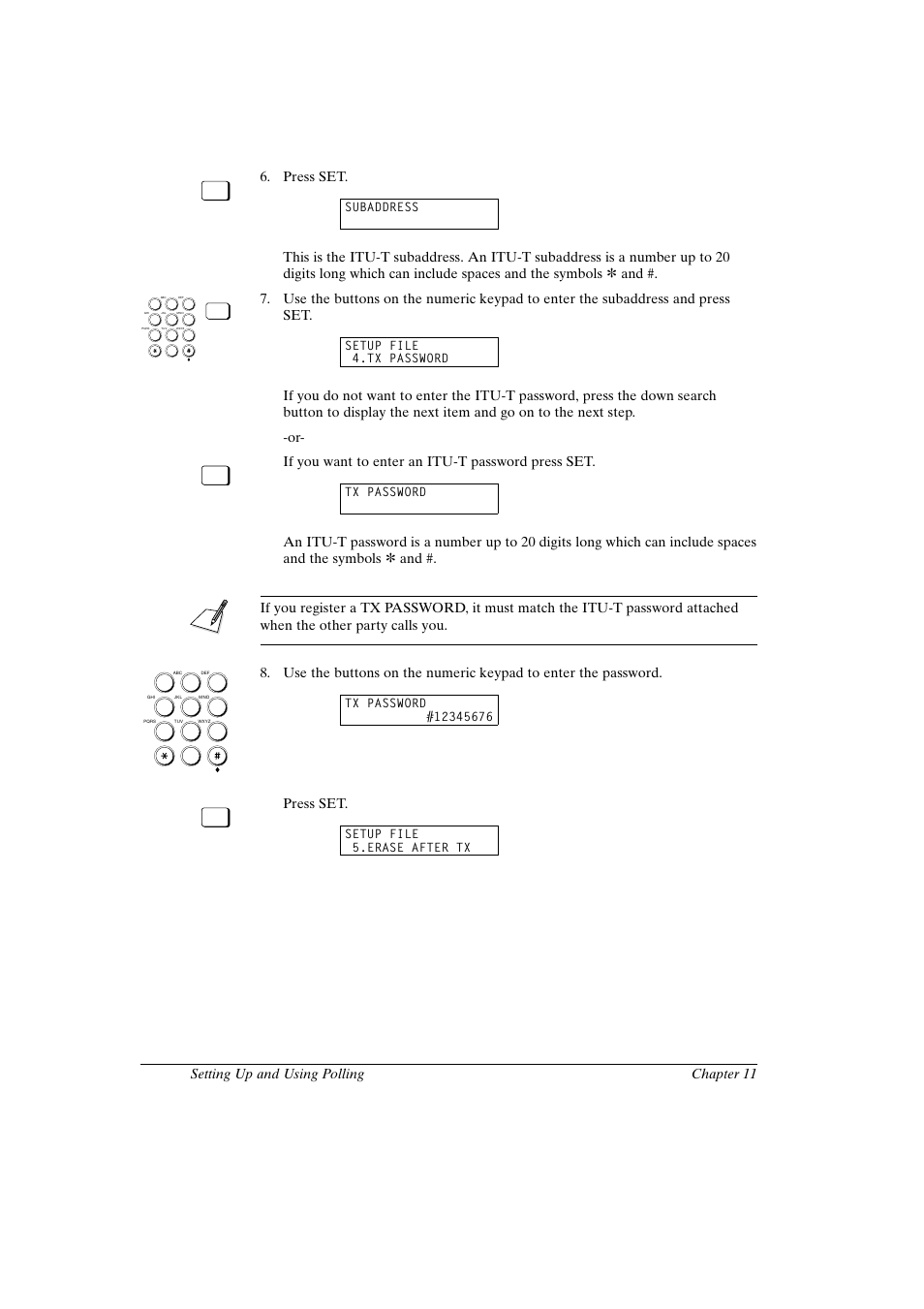 Canon fax-l800 user’s guide english, 16 chapter 11 setting up and using polling, Press set | If you want to enter an itu-t password press set | Canon FAX-L800 User Manual | Page 214 / 370