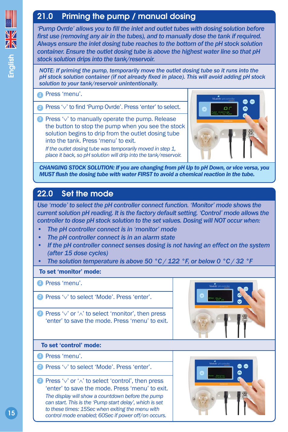Priming the pump, Set the mode, 0 priming the pump / manual dosing | 0 set the mode, English | Bluelab pH Controller Connect Manual User Manual | Page 15 / 23
