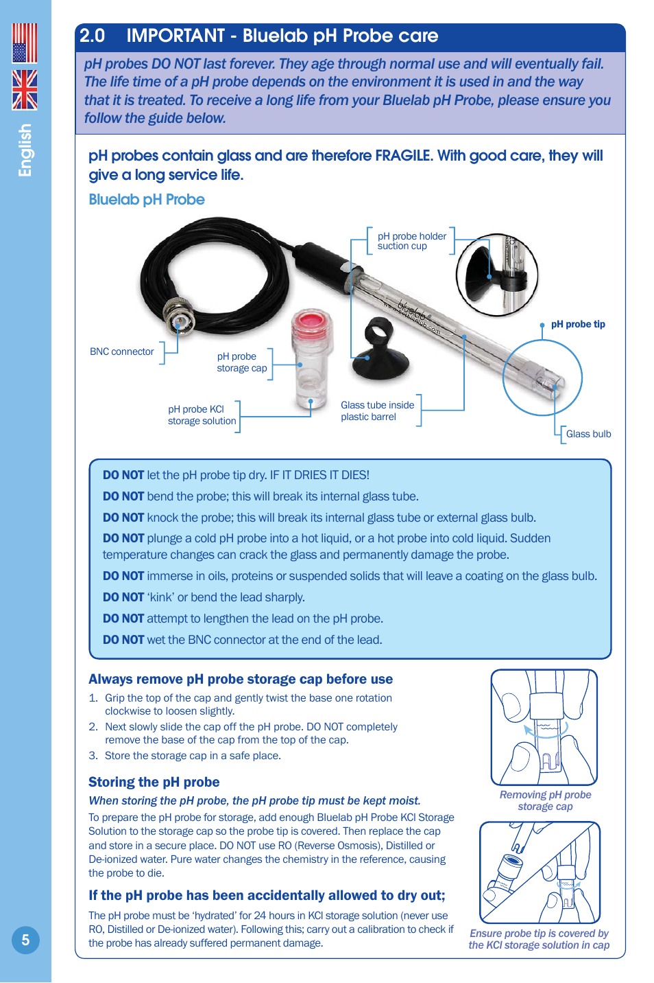 Important - bluelab ph probe care, 0 important - bluelab ph probe care, English | Storing the ph probe | Bluelab pH Controller Connect Manual User Manual | Page 5 / 23