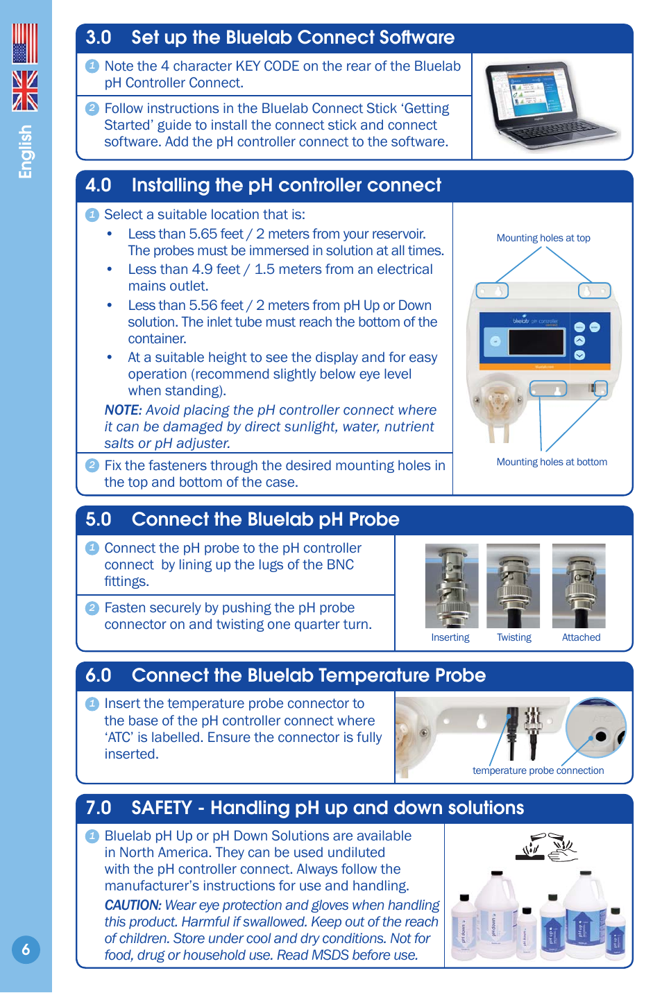Set up the bluelab connect soft ware, Installing the ph controller connect 6, Connect the bluelab ph probe 6 | Connect the bluelab temperature probe, Safety - handling ph up or ph down solution, 0 connect the bluelab temperature probe, 0 installing the ph controller connect, 0 connect the bluelab ph probe, 0 set up the bluelab connect soft ware, 0 safety - handling ph up and down solutions | Bluelab pH Controller Connect Manual User Manual | Page 6 / 23