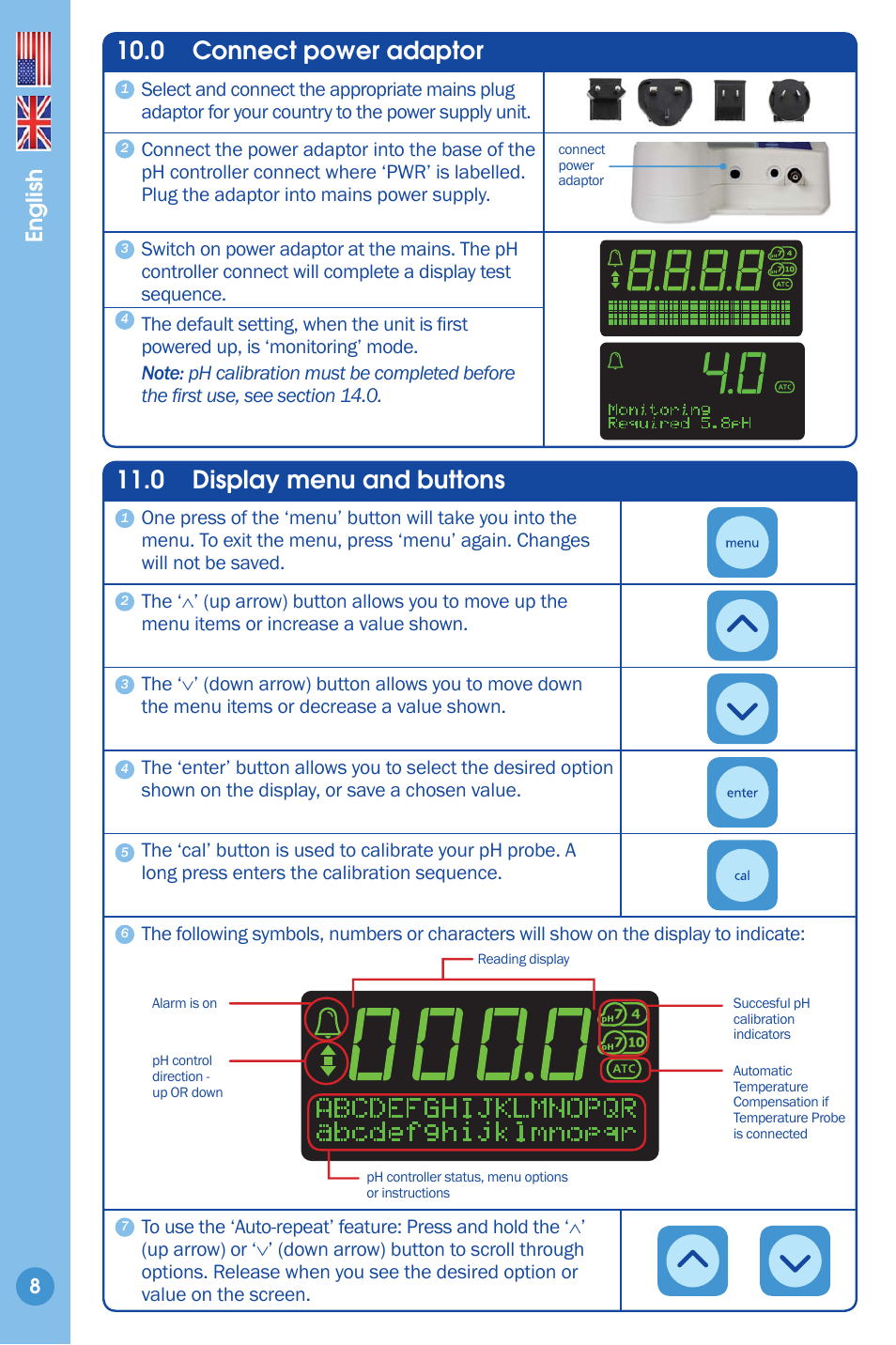 Connect power adaptor, Display menu and buttons, 0 display menu and buttons | 0 connect power adaptor, English | Bluelab pH Controller Connect Manual User Manual | Page 8 / 23