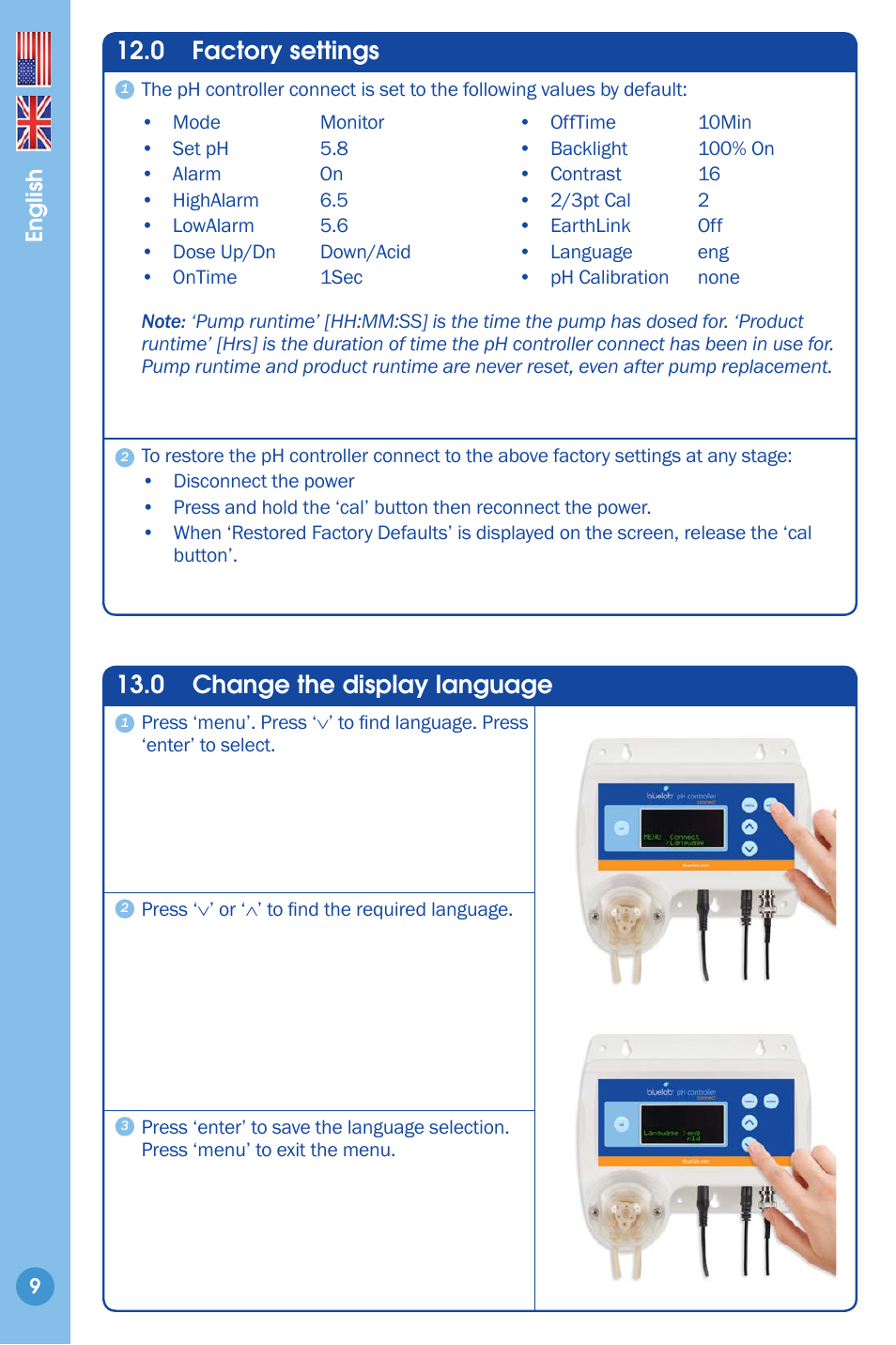 Factory settings, Change the display language 9, 0 factory settings | 0 change the display language | Bluelab pH Controller Connect Manual User Manual | Page 9 / 23