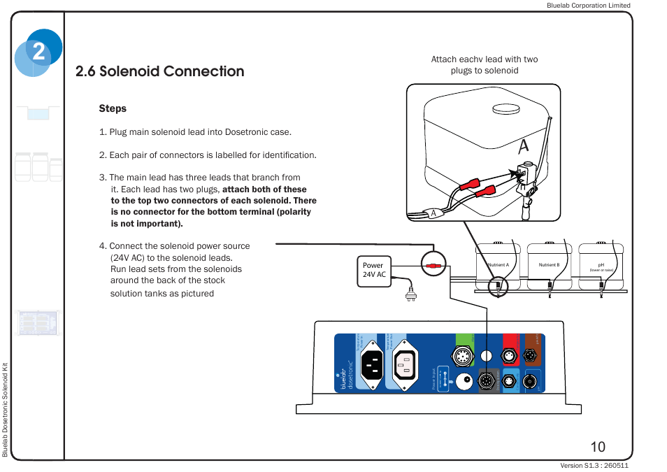 6 solenoid connection, Steps, Attach eachv lead with two plugs to solenoid | Bluelab Dosetronic Solenoid Kit User Manual | Page 14 / 45
