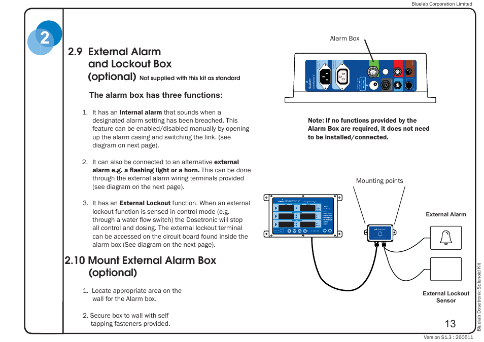 9 external alarm and lockout box (optional), 10 mount external alarm box (optional) | Bluelab Dosetronic Solenoid Kit User Manual | Page 17 / 45