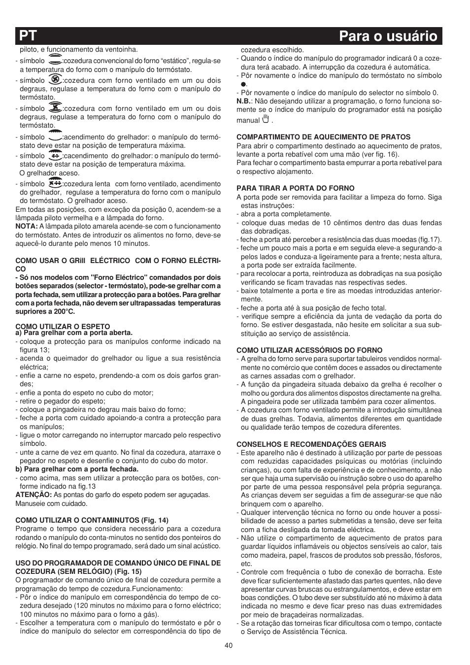 Para o usuário pt | Bompani BO743WI/N User Manual | Page 40 / 60