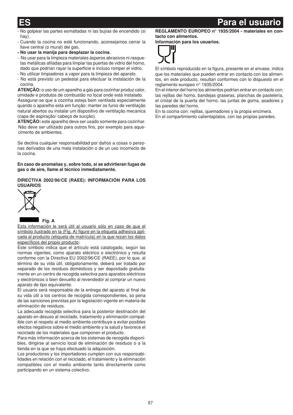 Para el usuario es | Bompani BO743WI/N User Manual | Page 57 / 60