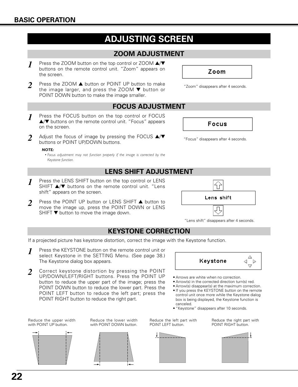Adjusting screen, Zoom adjustment, Focus adjustment | Lens shift adjustment, Keystone correction, Basic operation, Zoom adjustment focus adjustment | Canon LV-7575 User Manual | Page 22 / 63