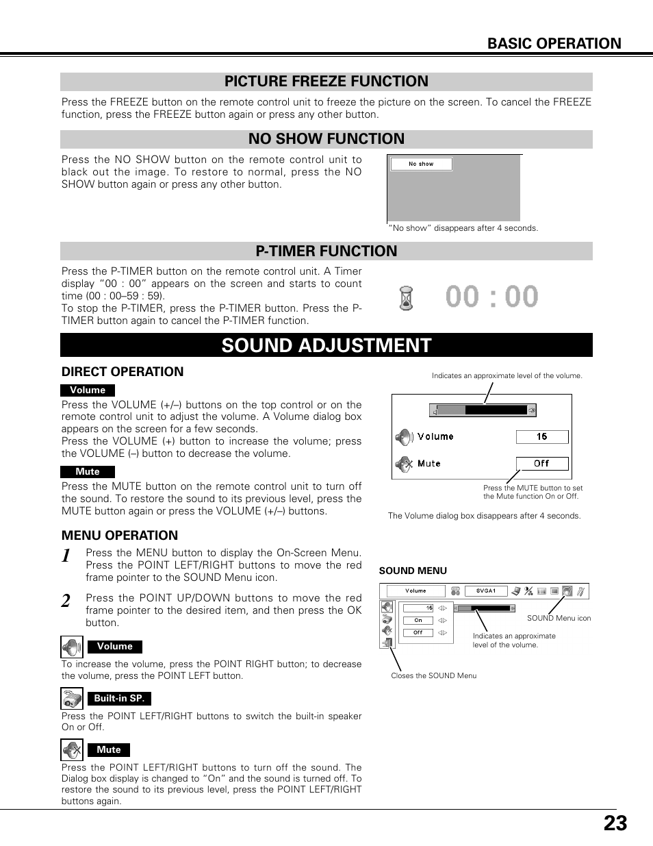Picture freeze function, No show function, P-timer function | Sound adjustment, No show function picture freeze function, Basic operation | Canon LV-7575 User Manual | Page 23 / 63