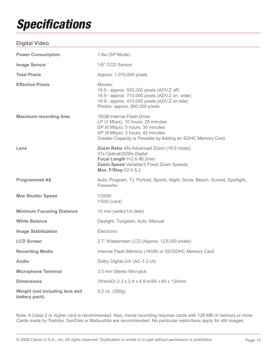 Specifi cations | Canon 2685B001 User Manual | Page 15 / 17
