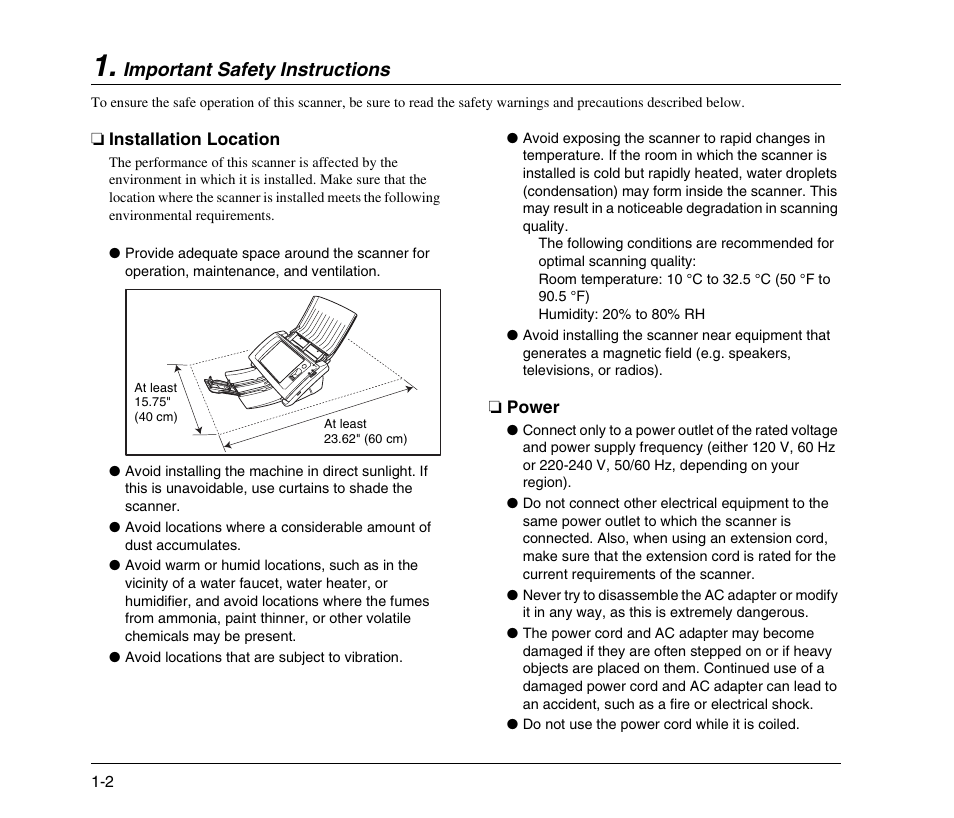 Important safety instructions, Installation location, Power | Important safety instructions -2, Installation location -2 power -2 | Canon 300 User Manual | Page 12 / 100
