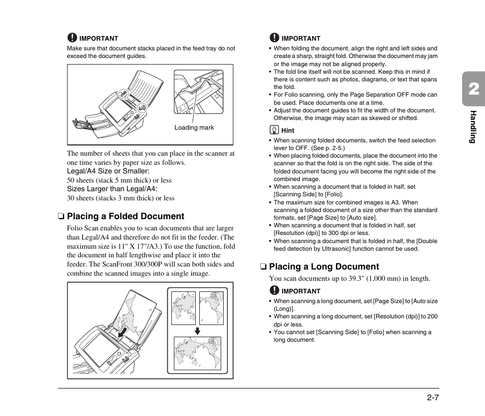 Placing a folded document, Placing a long document | Canon 300 User Manual | Page 25 / 100