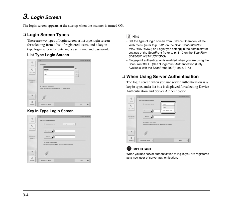 Login screen, Login screen types, When using server authentication | Login screen -4, See p. 3-4.) | Canon 300 User Manual | Page 34 / 100